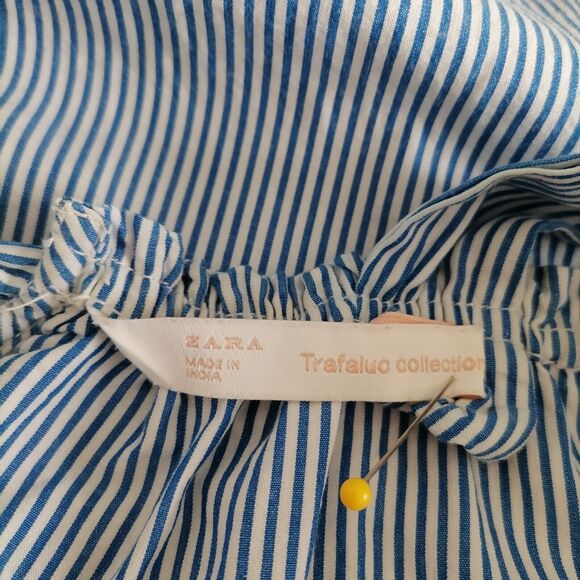 Zara Trafaluc Collection Womens Blue Striped Embroidered Cold Shoulder Top Sz XS - Picture 5 of 9